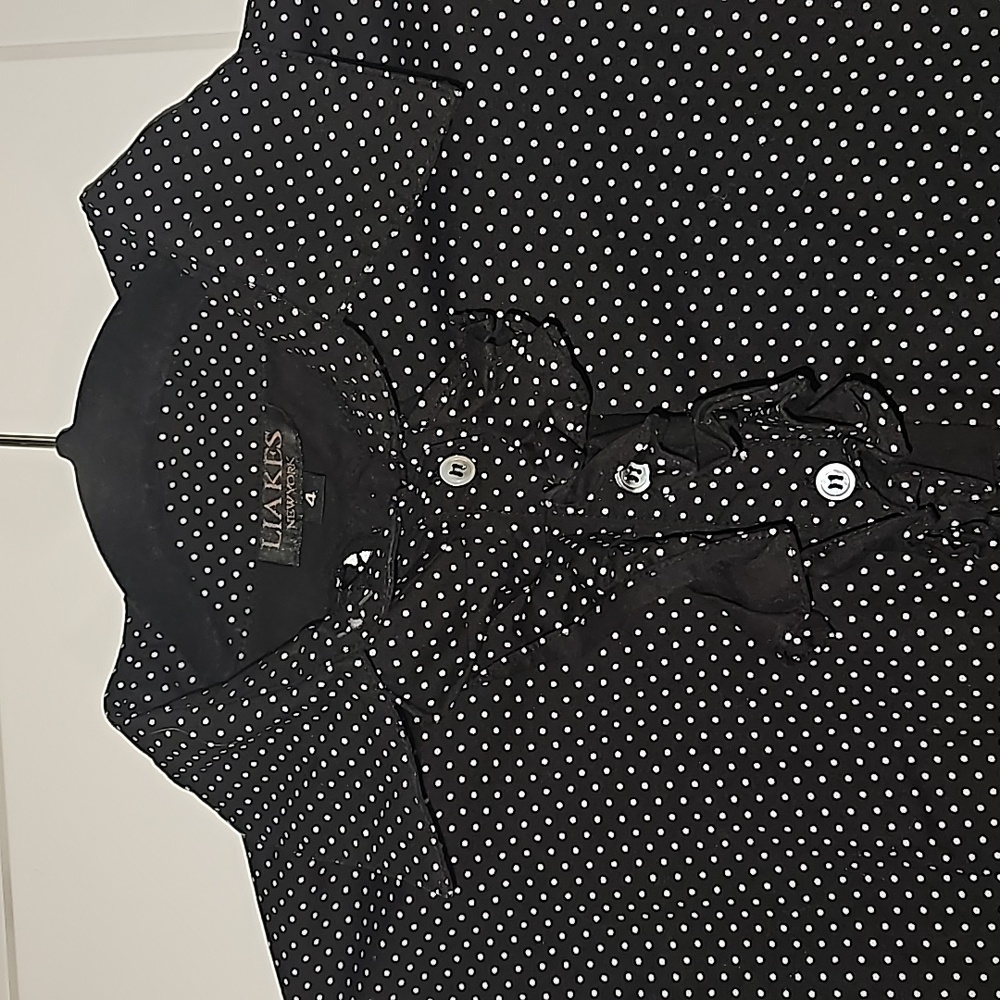 Lia Kes Black and White Dot Ruffle Long Sleeve Button Down Shirt Sz 4 - Picture 2 of 16
